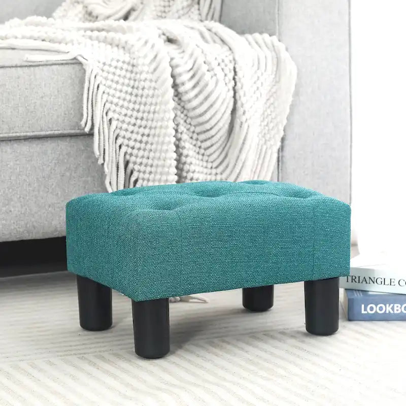 Button Tufted Linen Foot Stool Rectangular Small Ottoman