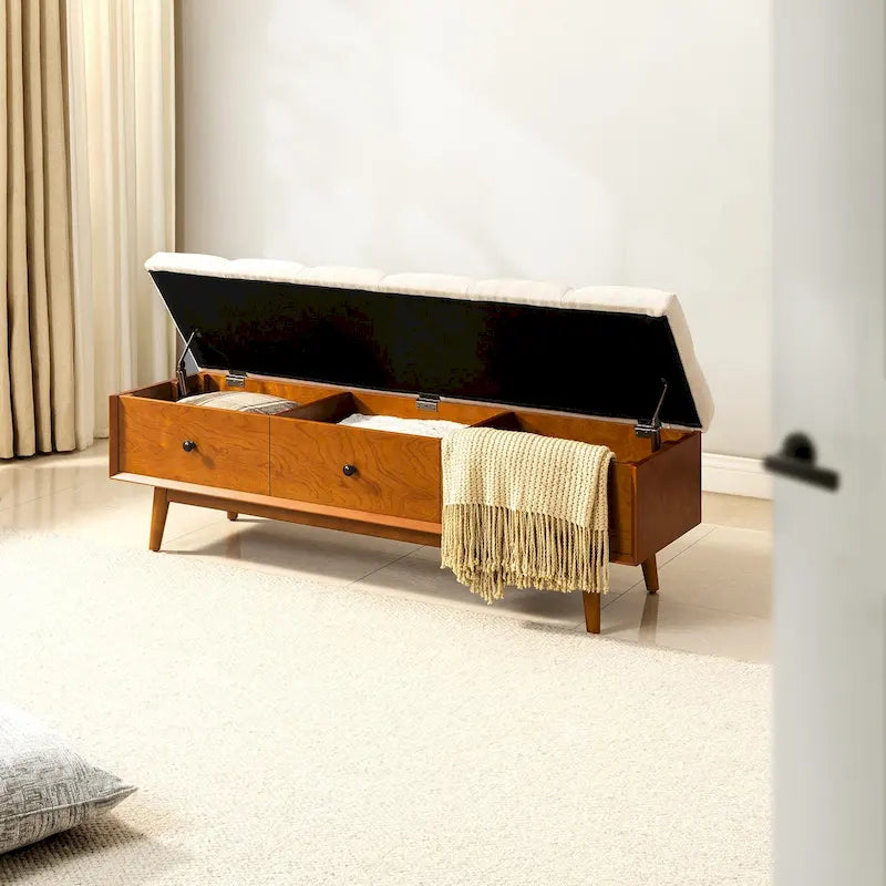 Mid-century Tufted Storage Bench with 45-degree splicing design