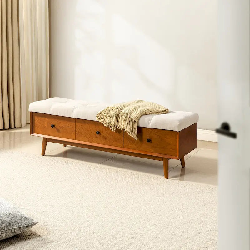 Mid-century Tufted Storage Bench with 45-degree splicing design