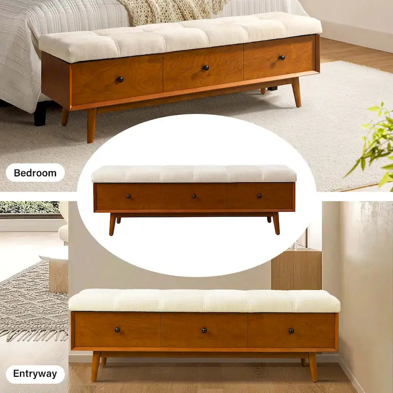 Mid-century Tufted Storage Bench with 45-degree splicing design