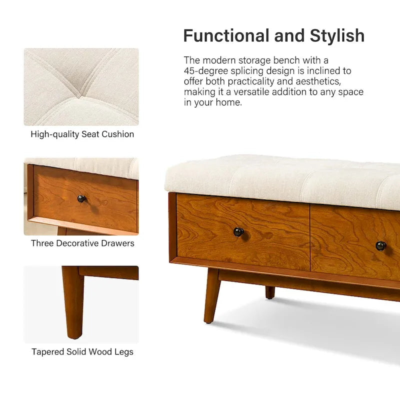 Mid-century Tufted Storage Bench with 45-degree splicing design