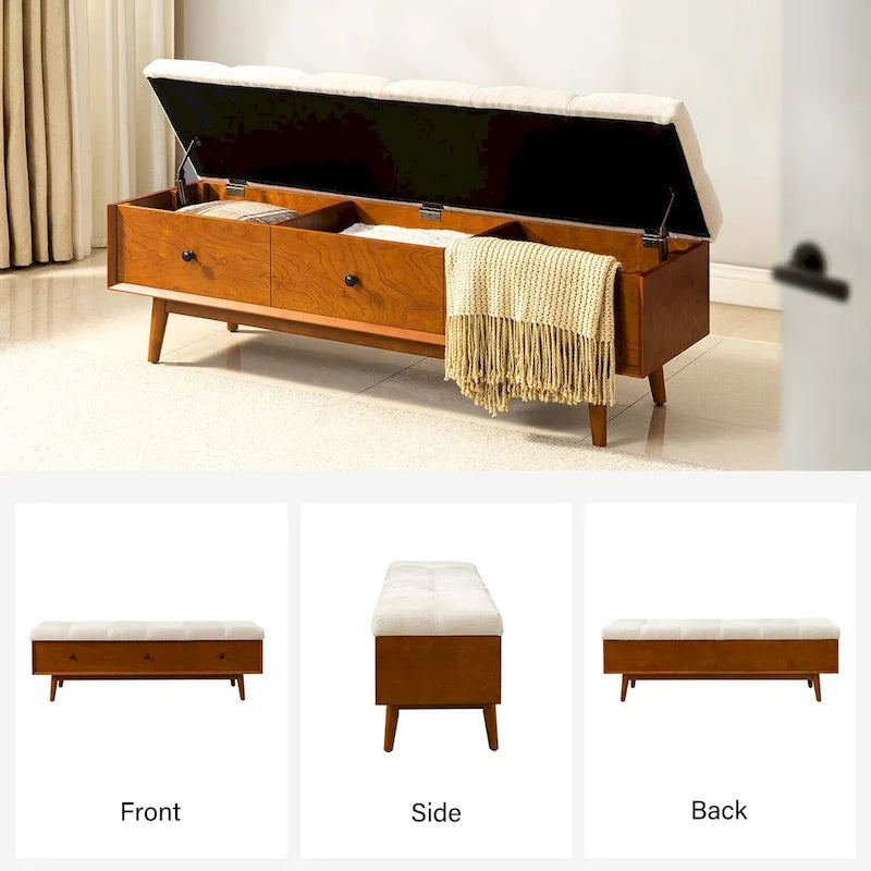 Mid-century Tufted Storage Bench with 45-degree splicing design