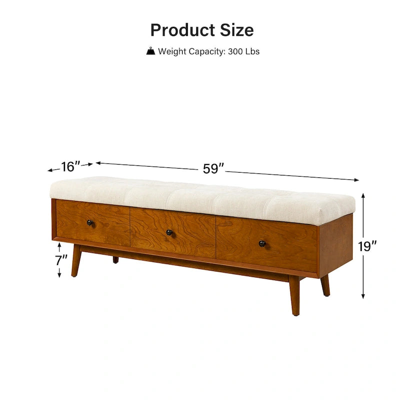 Mid-century Tufted Storage Bench with 45-degree splicing design
