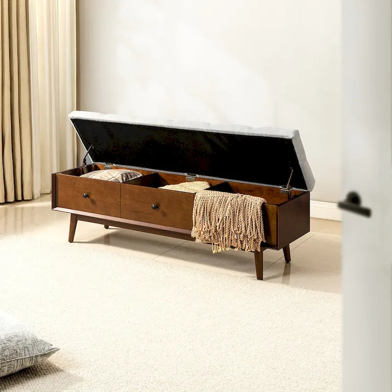 Mid-century Tufted Storage Bench with 45-degree splicing design