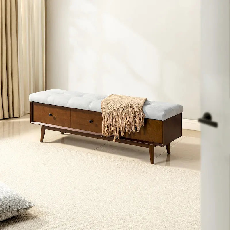 Mid-century Tufted Storage Bench with 45-degree splicing design