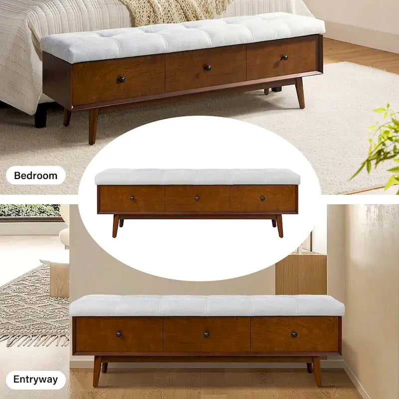 Mid-century Tufted Storage Bench with 45-degree splicing design