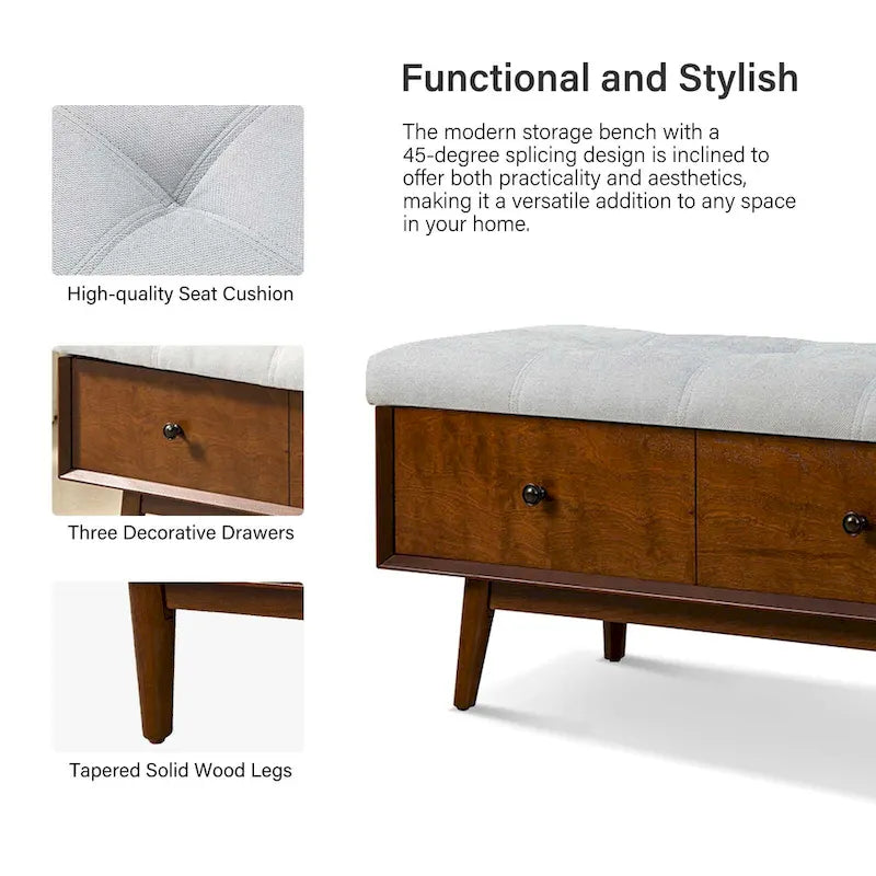 Mid-century Tufted Storage Bench with 45-degree splicing design