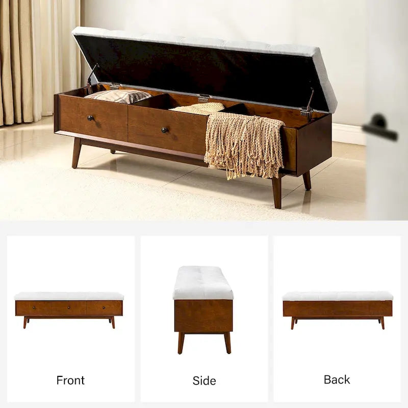 Mid-century Tufted Storage Bench with 45-degree splicing design