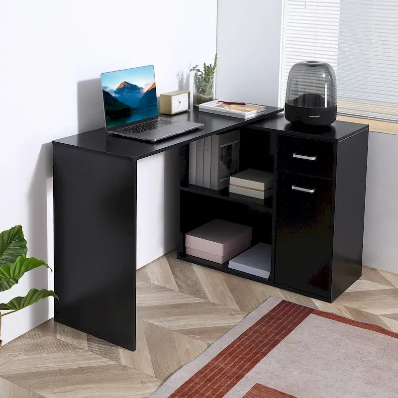 L Shaped Corner Computer Desk Workstation with Rotating Storage Shelves and Drawer for Home & Office