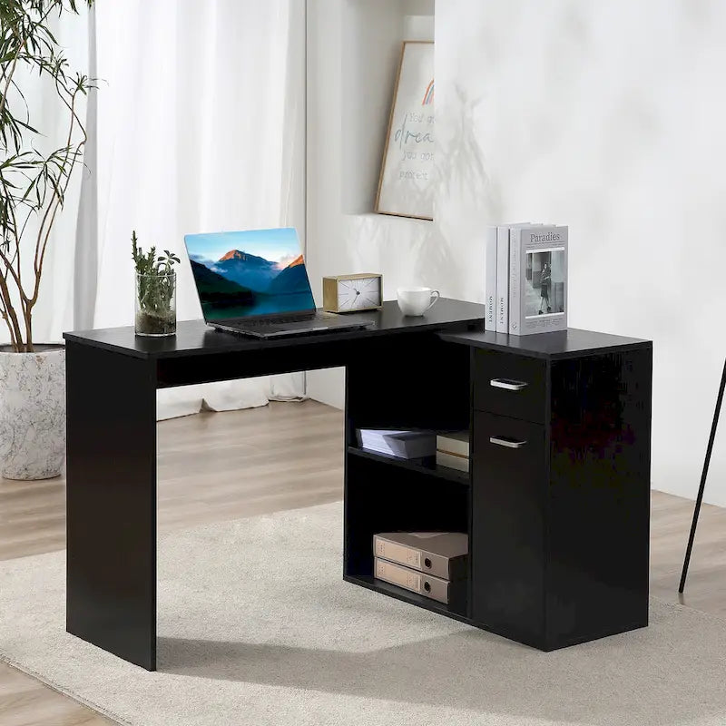 L Shaped Corner Computer Desk Workstation with Rotating Storage Shelves and Drawer for Home & Office