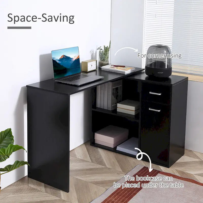 L Shaped Corner Computer Desk Workstation with Rotating Storage Shelves and Drawer for Home & Office