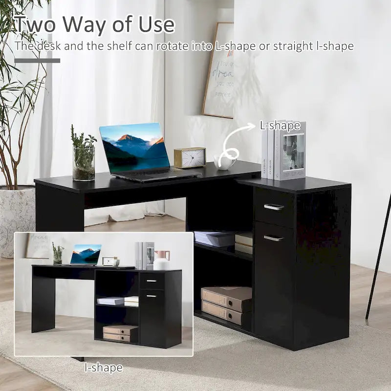 L Shaped Corner Computer Desk Workstation with Rotating Storage Shelves and Drawer for Home & Office