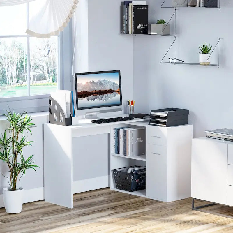 L Shaped Corner Computer Desk Workstation with Rotating Storage Shelves and Drawer for Home & Office