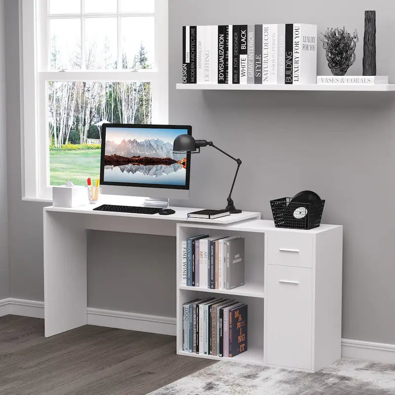L Shaped Corner Computer Desk Workstation with Rotating Storage Shelves and Drawer for Home & Office