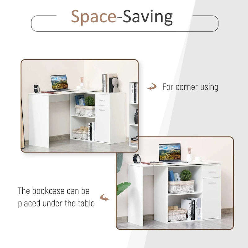 L Shaped Corner Computer Desk Workstation with Rotating Storage Shelves and Drawer for Home & Office