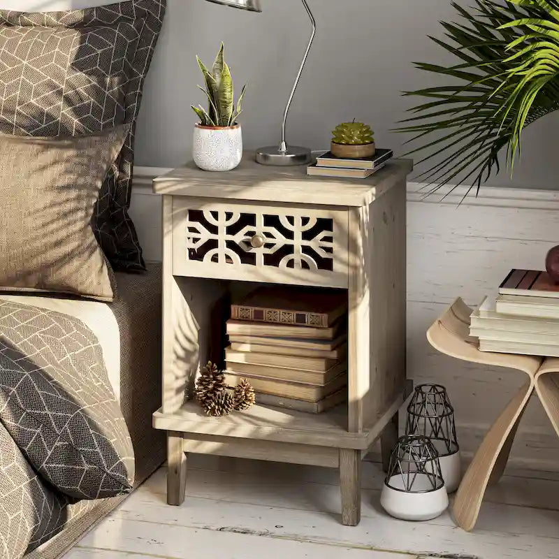 Retro Rustic Nightstand Solid Fir End Table Side Table with Hand Carved Front and Open Shelf for Boho, Farmhouse