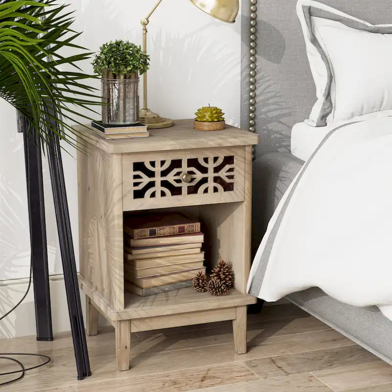 Retro Rustic Nightstand Solid Fir End Table Side Table with Hand Carved Front and Open Shelf for Boho, Farmhouse