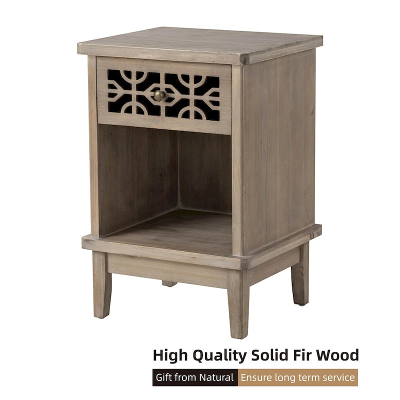 Retro Rustic Nightstand Solid Fir End Table Side Table with Hand Carved Front and Open Shelf for Boho, Farmhouse