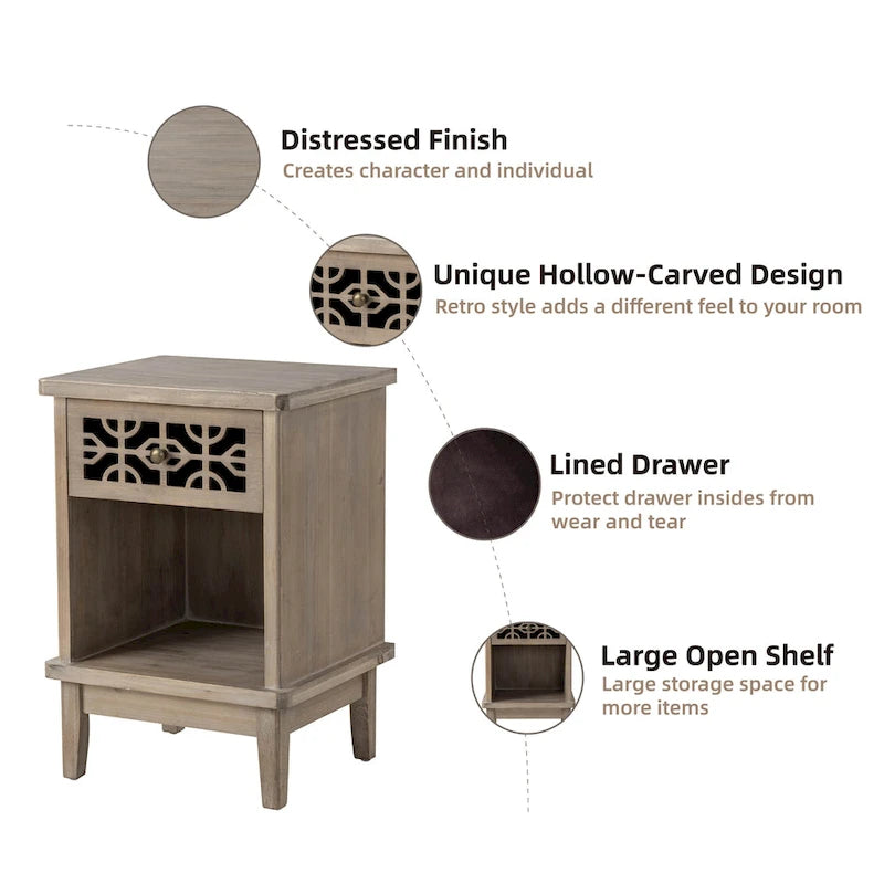 Retro Rustic Nightstand Solid Fir End Table Side Table with Hand Carved Front and Open Shelf for Boho, Farmhouse