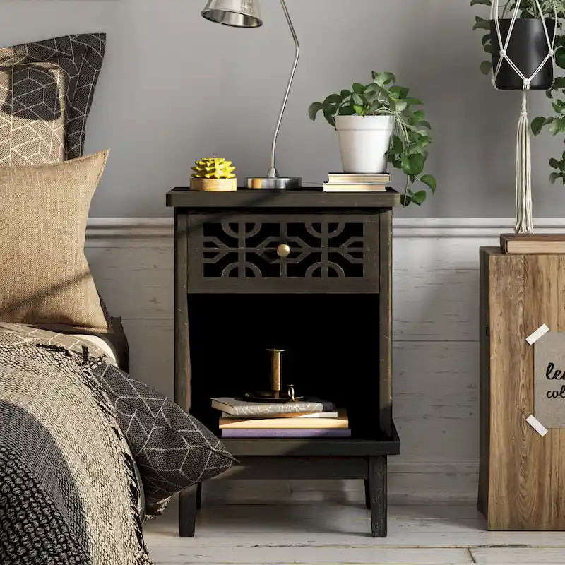 Retro Rustic Nightstand Solid Fir End Table Side Table with Hand Carved Front and Open Shelf for Boho, Farmhouse