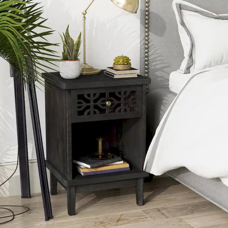 Retro Rustic Nightstand Solid Fir End Table Side Table with Hand Carved Front and Open Shelf for Boho, Farmhouse