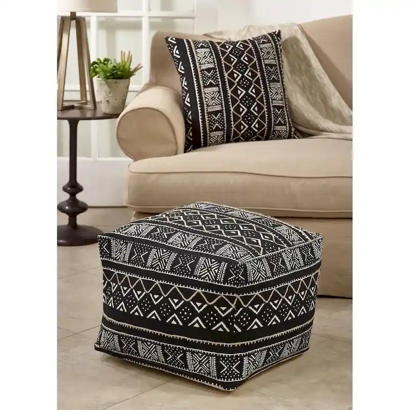 Floor Pouf With Dark Mudcloth Design