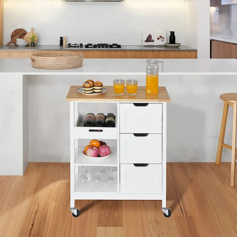 Solid Wood Top Kitchen Island Storage Cart with 3 Drawers Rolling Serving Trolley Cart
