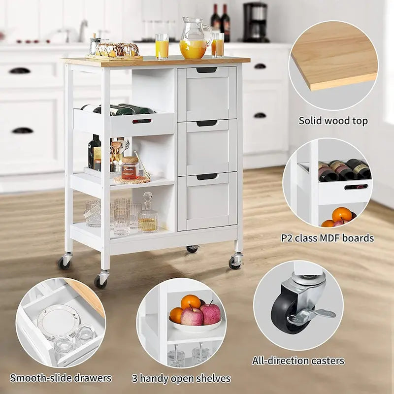 Solid Wood Top Kitchen Island Storage Cart with 3 Drawers Rolling Serving Trolley Cart