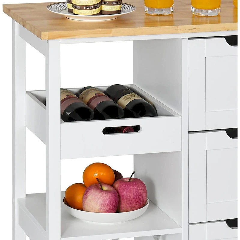Solid Wood Top Kitchen Island Storage Cart with 3 Drawers Rolling Serving Trolley Cart