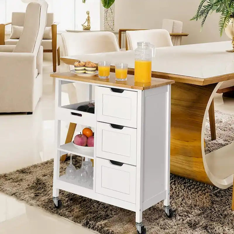 Solid Wood Top Kitchen Island Storage Cart with 3 Drawers Rolling Serving Trolley Cart