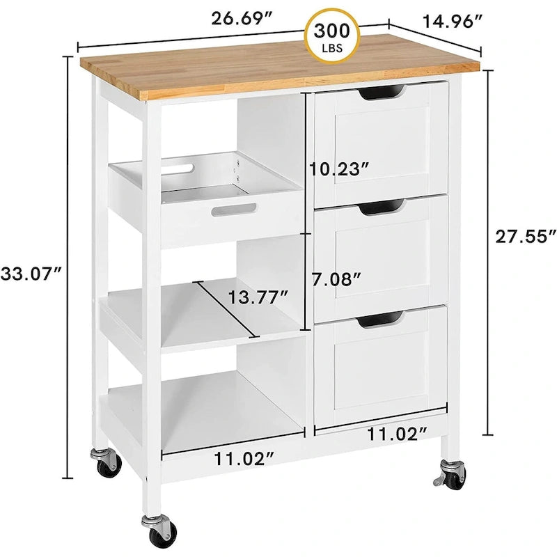 Solid Wood Top Kitchen Island Storage Cart with 3 Drawers Rolling Serving Trolley Cart