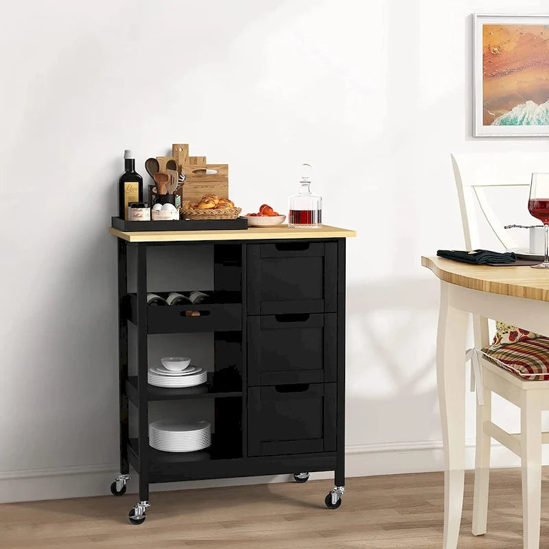 Solid Wood Top Kitchen Island Storage Cart with 3 Drawers Rolling Serving Trolley Cart