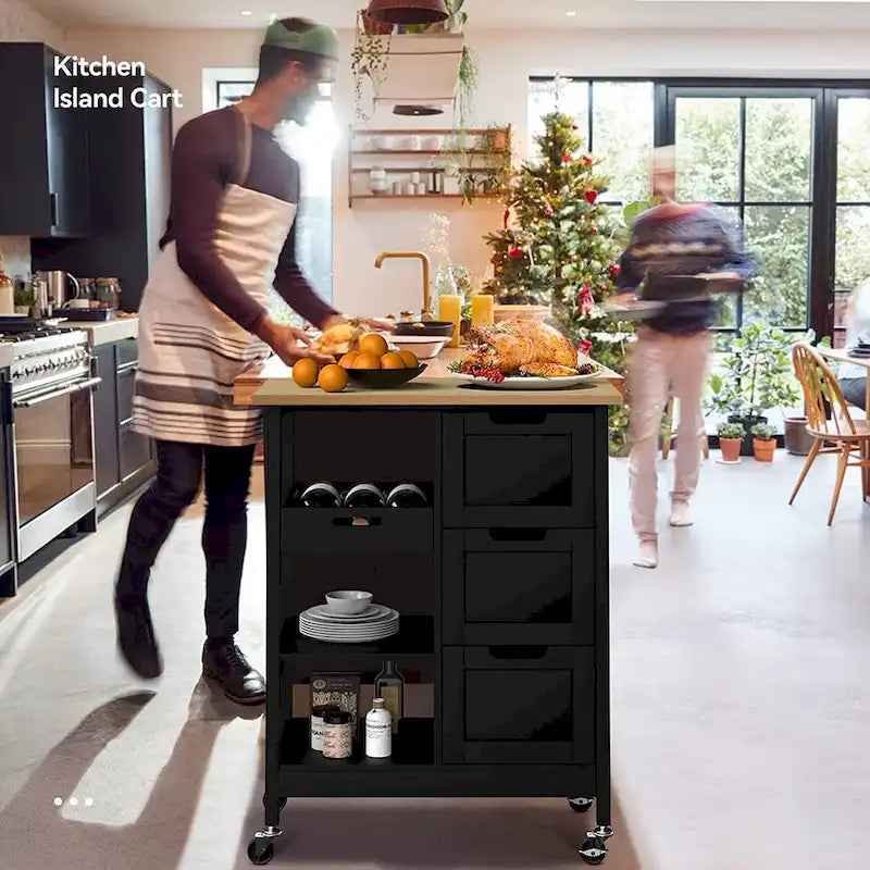 Solid Wood Top Kitchen Island Storage Cart with 3 Drawers Rolling Serving Trolley Cart