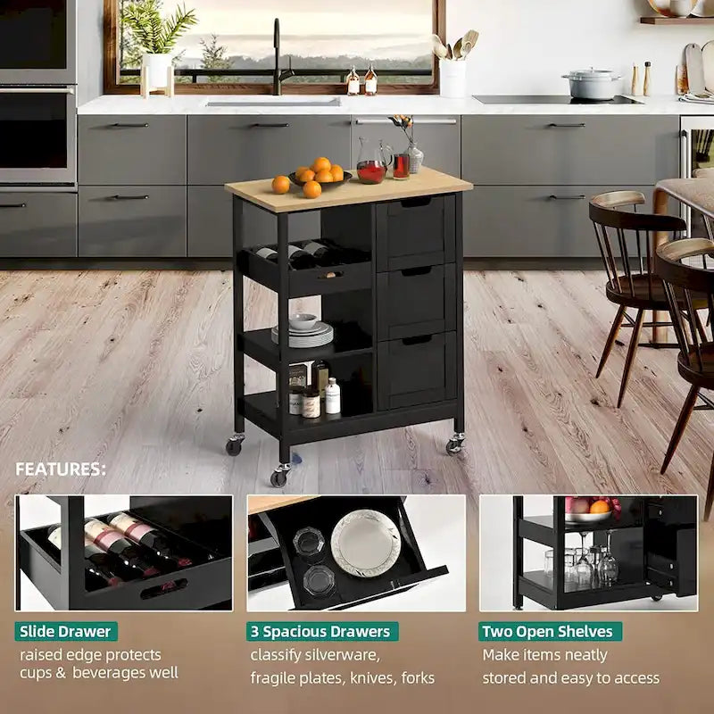 Solid Wood Top Kitchen Island Storage Cart with 3 Drawers Rolling Serving Trolley Cart