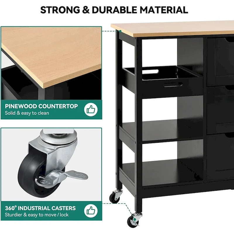 Solid Wood Top Kitchen Island Storage Cart with 3 Drawers Rolling Serving Trolley Cart