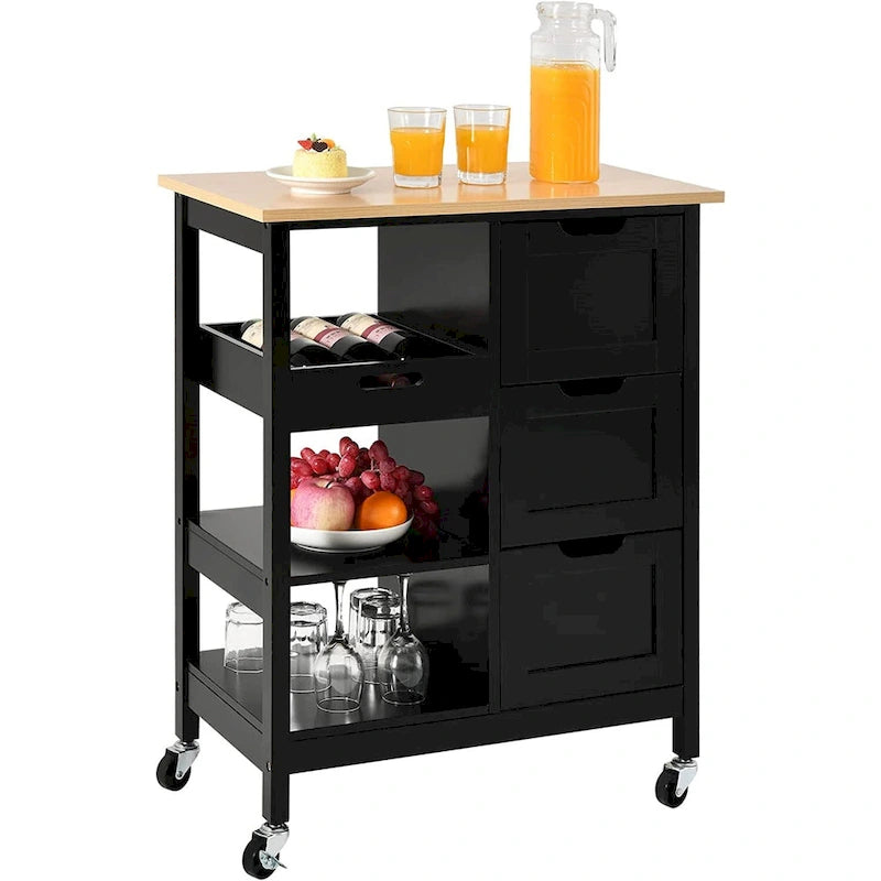 Solid Wood Top Kitchen Island Storage Cart with 3 Drawers Rolling Serving Trolley Cart