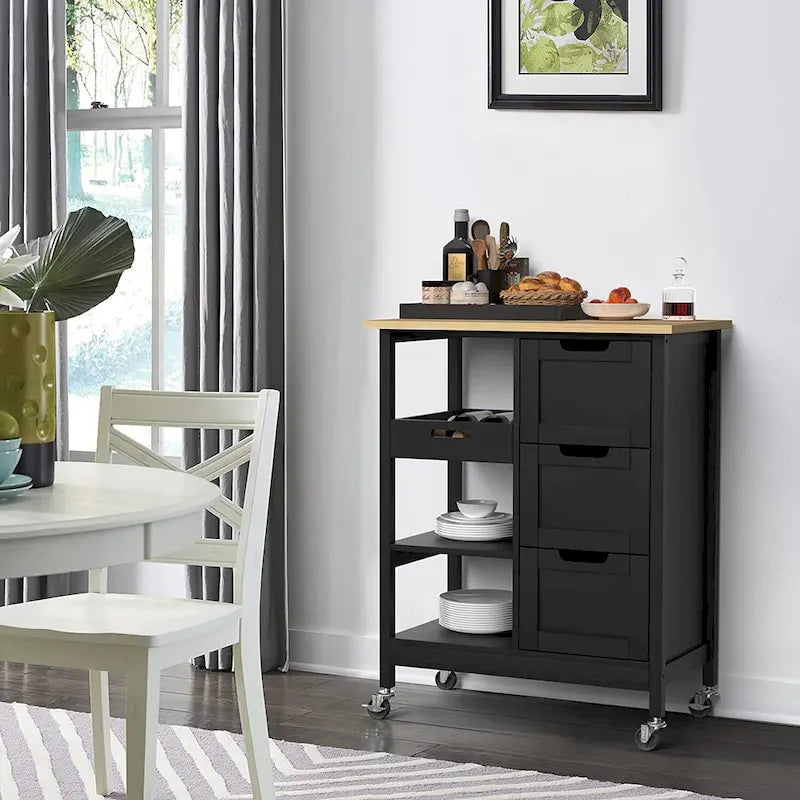 Solid Wood Top Kitchen Island Storage Cart with 3 Drawers Rolling Serving Trolley Cart