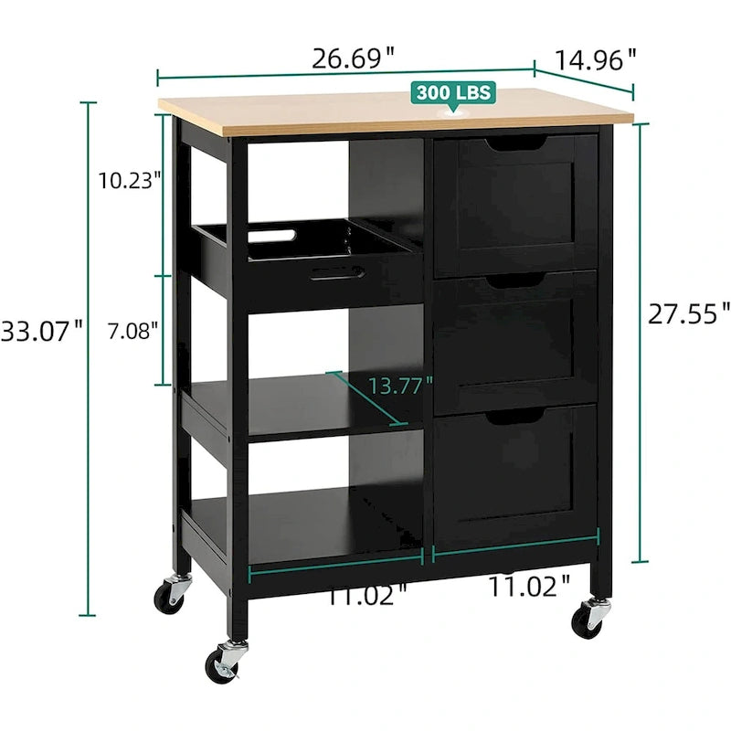 Solid Wood Top Kitchen Island Storage Cart with 3 Drawers Rolling Serving Trolley Cart
