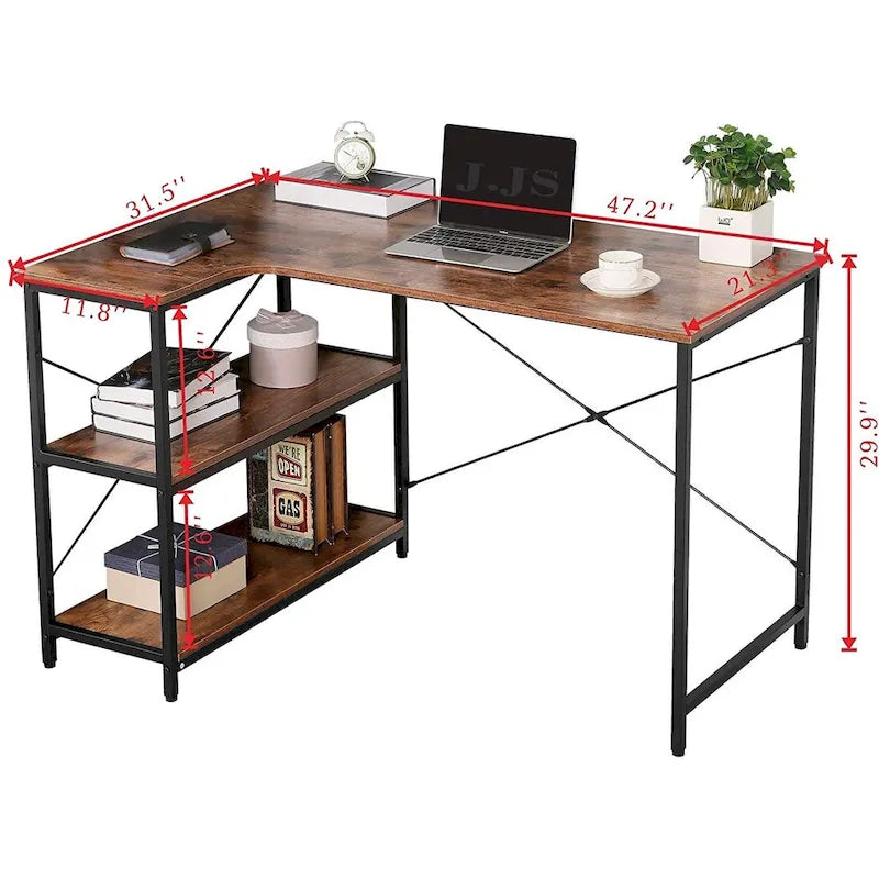 L-Shaped Home Office Corner Writing Computer Desk with Build-in Bookcase