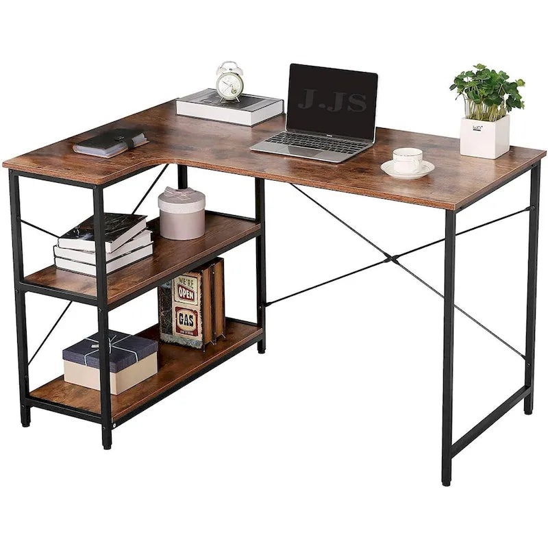 L-Shaped Home Office Corner Writing Computer Desk with Build-in Bookcase