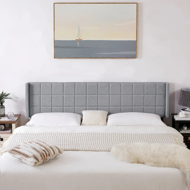 Adjustable Upholstered Headboard, Modern Wingback Headboard with Double Nailhead Trimming