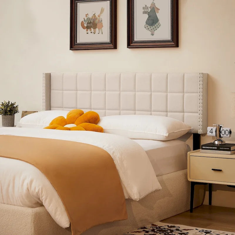 Adjustable Upholstered Headboard, Modern Wingback Headboard with Double Nailhead Trimming
