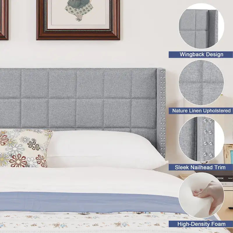 Adjustable Upholstered Headboard, Modern Wingback Headboard with Double Nailhead Trimming