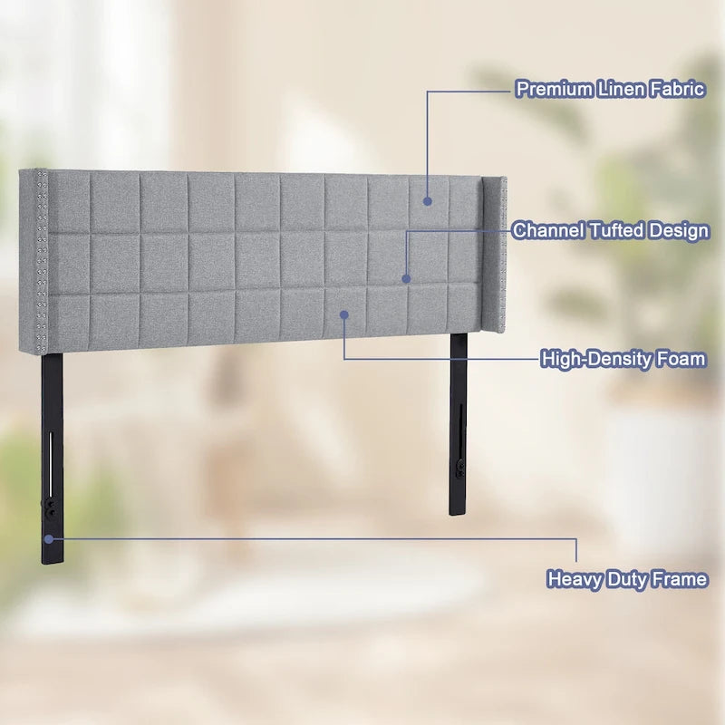 Adjustable Upholstered Headboard, Modern Wingback Headboard with Double Nailhead Trimming