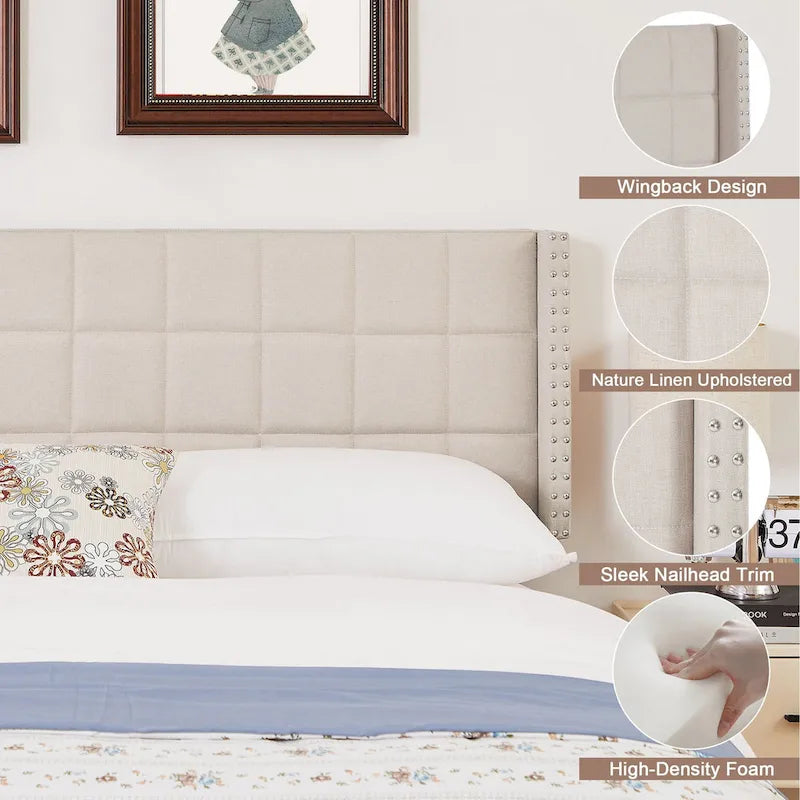 Adjustable Upholstered Headboard, Modern Wingback Headboard with Double Nailhead Trimming