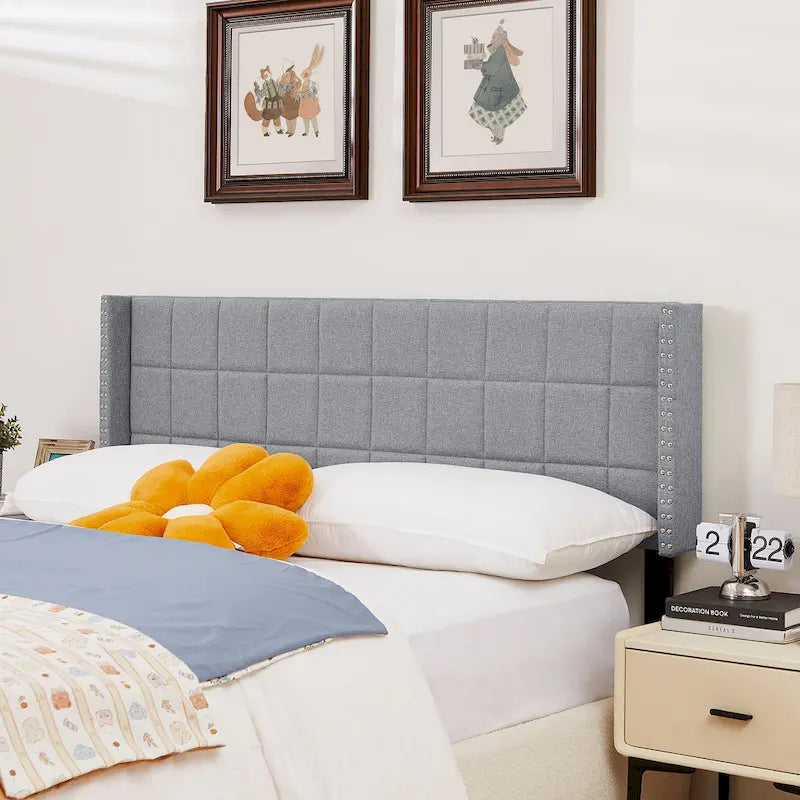 Adjustable Upholstered Headboard, Modern Wingback Headboard with Double Nailhead Trimming