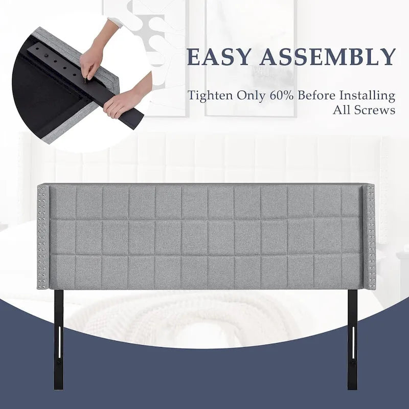 Adjustable Upholstered Headboard, Modern Wingback Headboard with Double Nailhead Trimming