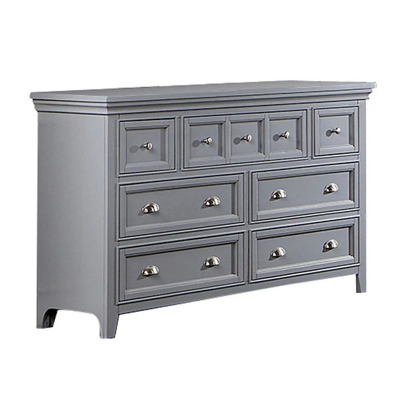 56 Inch Dresser, 7 Gliding Drawers, Gray Wood, Round Nickel Handles