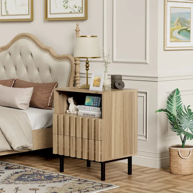Mid Century Nightstand 2 Drawers & Storage Space Accent End Table Bedside Table