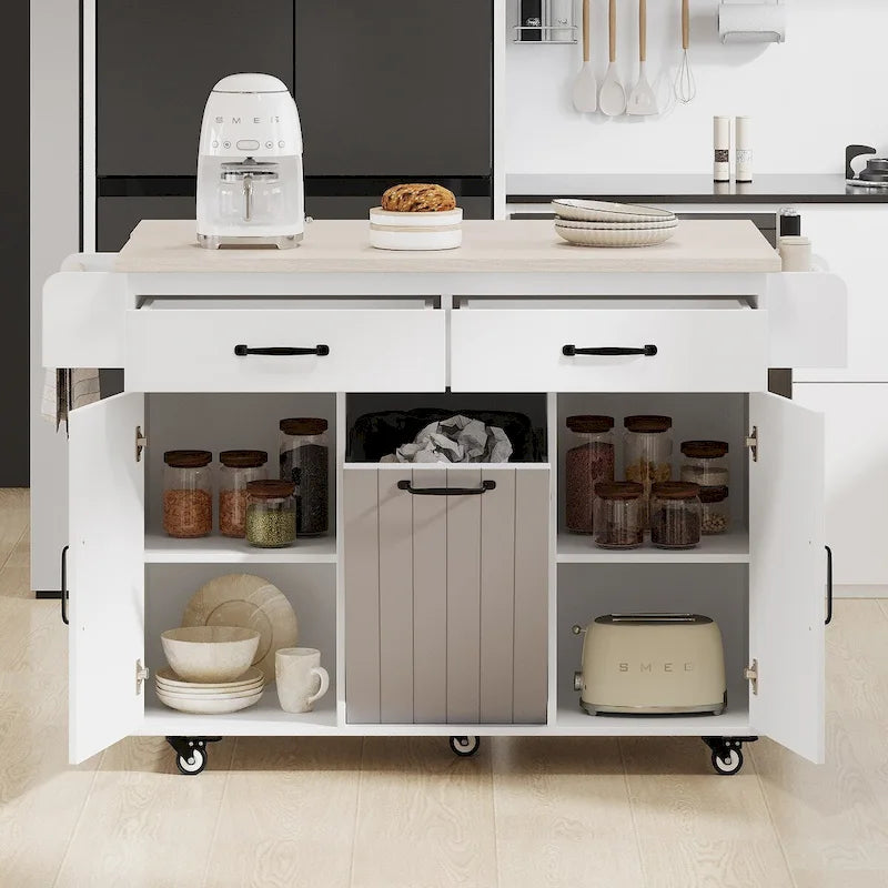 Kitchen Island with Trash Can Storage Cabinet,Kitchen Cart with Drop Leaf